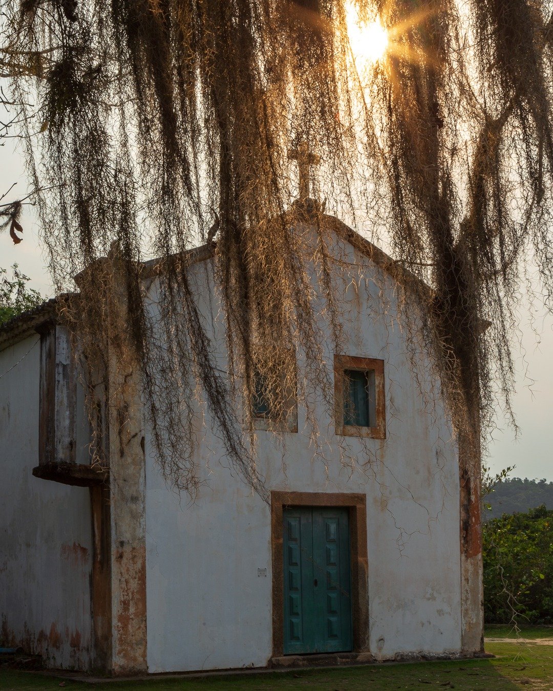 Pequena igreja branca antiga, com cruz no topo, parcialmente encoberta por galhos secos e iluminada pelo sol ao fundo.