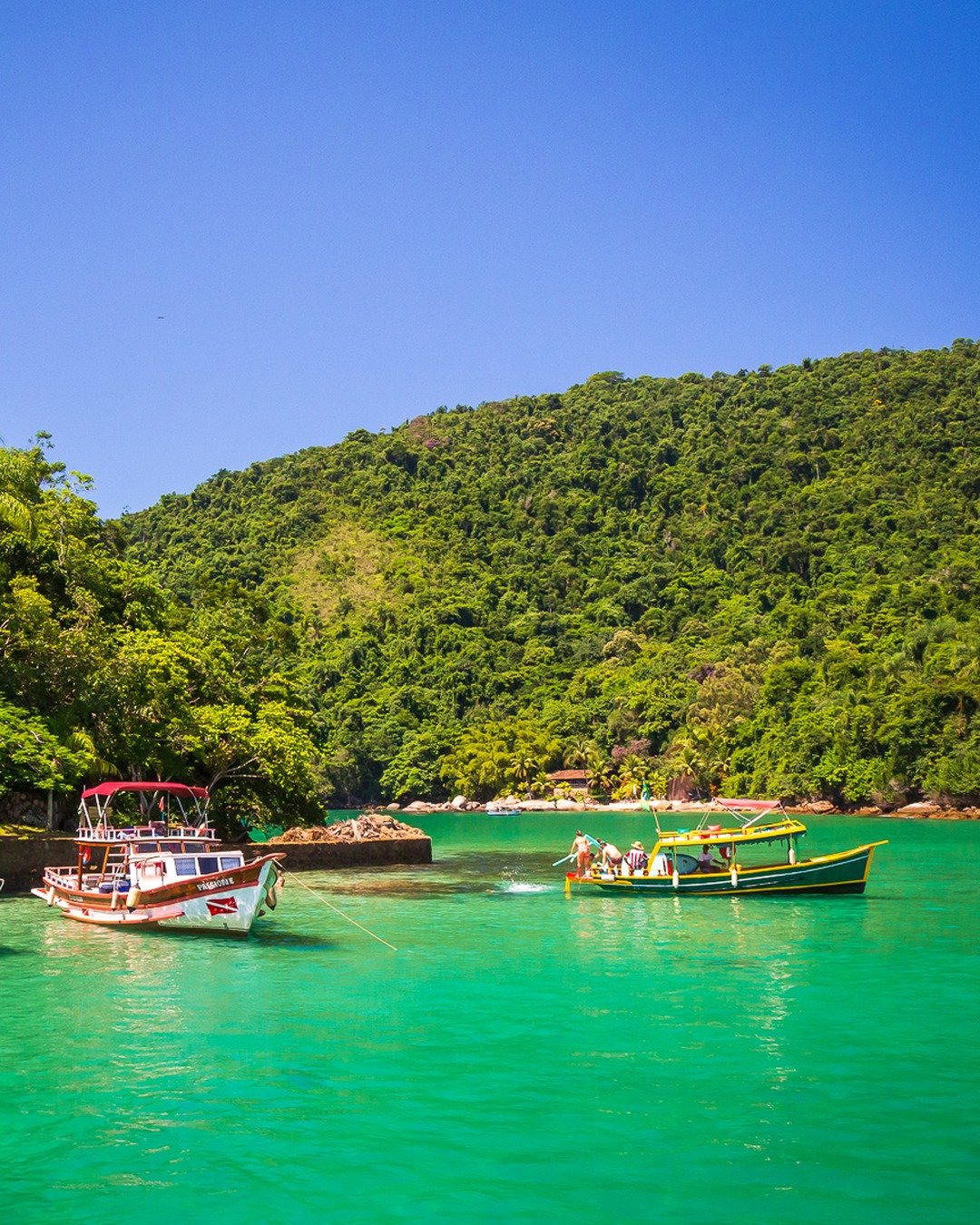 Enseada de águas verde-turquesa com três barcos de passeio ancorados junto à mata atlântica, sob céu azul limpo.
