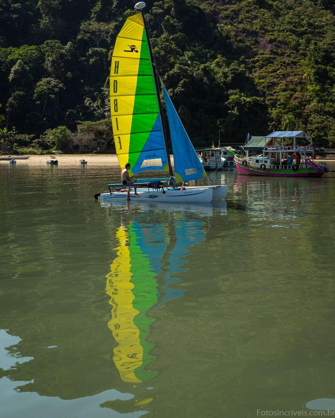 Catamarã com velas amarela, verde e azul ancorado em água calma esverdeada, com reflexo colorido na superfície; ao fundo, encosta íntegra coberta por floresta e faixa de praia com pequenas embarcações.