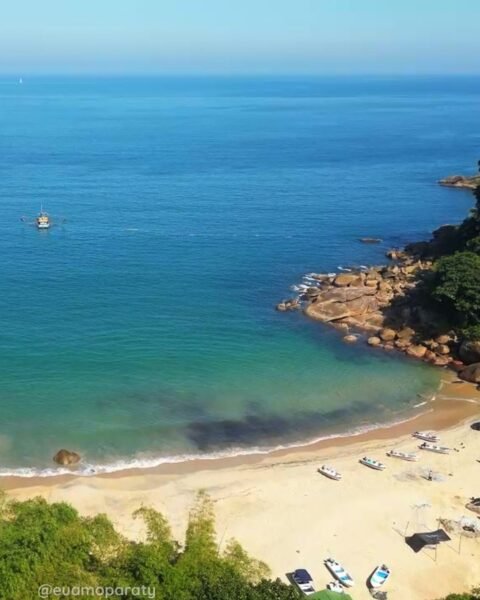 Vista elevada de uma enseada de praia com mar azul, faixa de areia, barcos e morros cobertos por vegetação.
