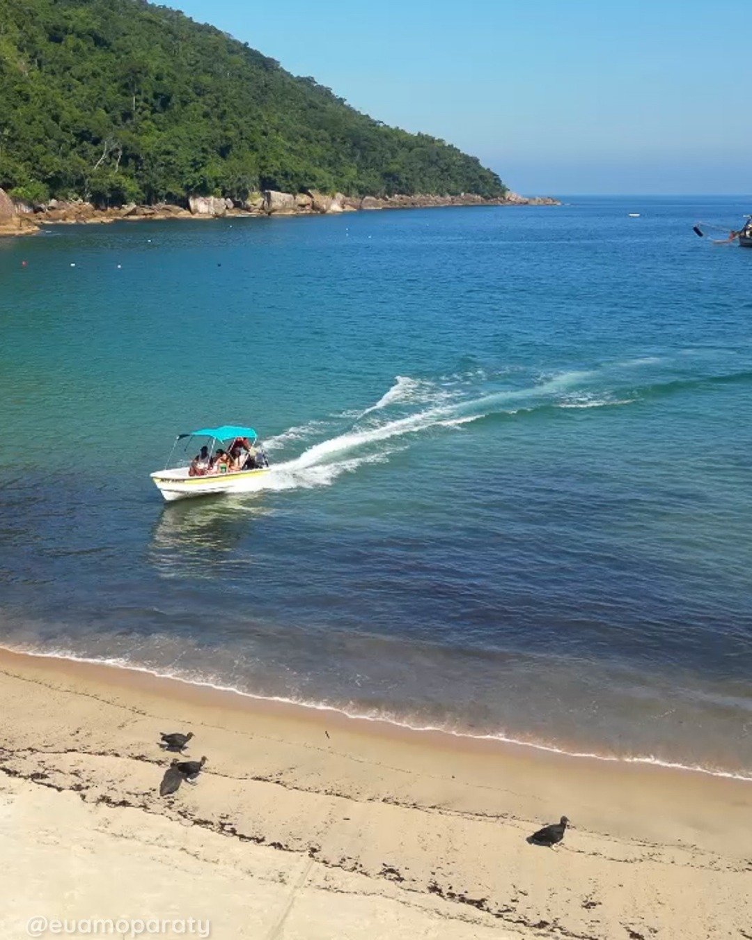 Vista aérea de uma praia com mar esverdeado, encosta florestada ao fundo, uma lancha em movimento deixando rastro na água e um barco pequeno na areia em primeiro plano.