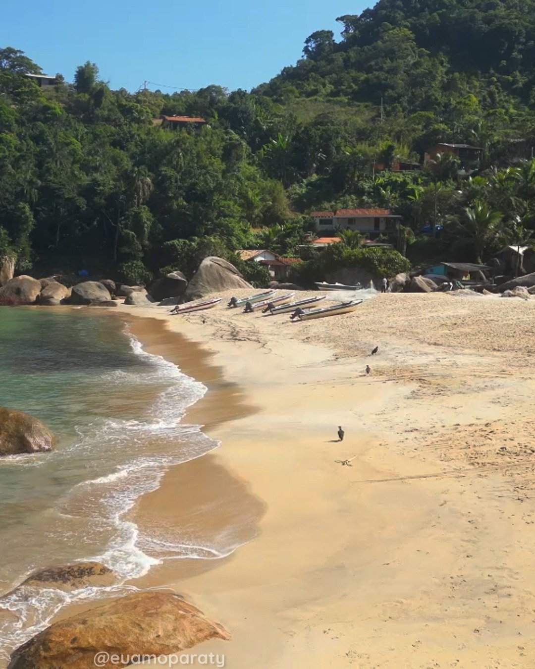 Praia de águas claras com faixa de areia, pedras no mar e encosta coberta por vegetação ao fundo.