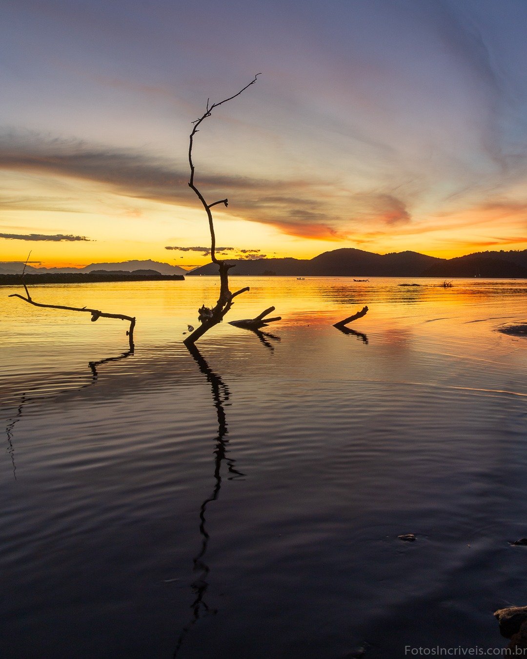 Pôr do sol sobre água calma com montanhas ao fundo, céu em tons de roxo e laranja, e um tronco seco silhuetado refletido na água em primeiro plano.